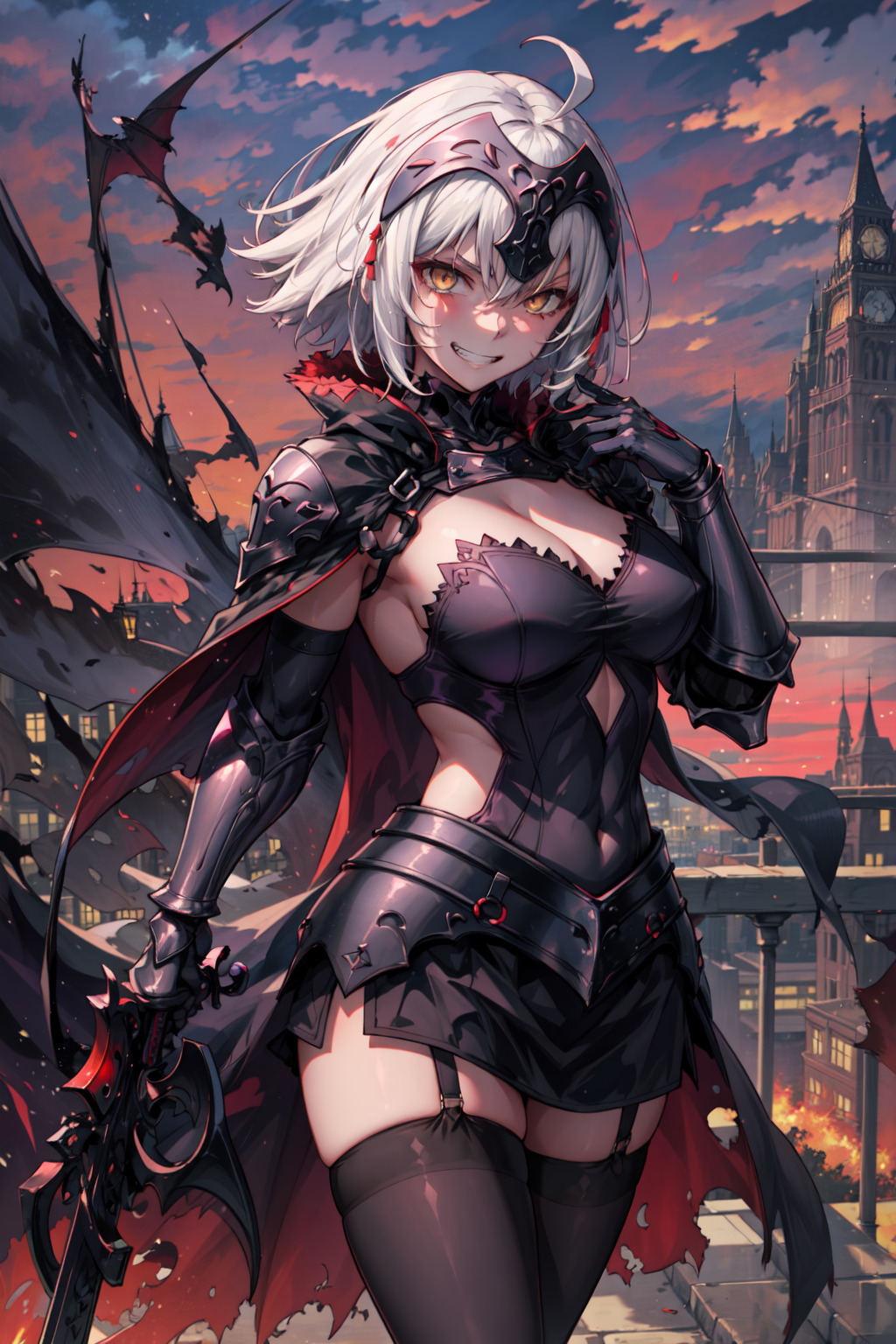 masterpiece,best quality,jalter,1girl,evil grin,jal_og_ver,headpiece,cape,short_hair,thighhighs,standing,red sky,perfect h...
